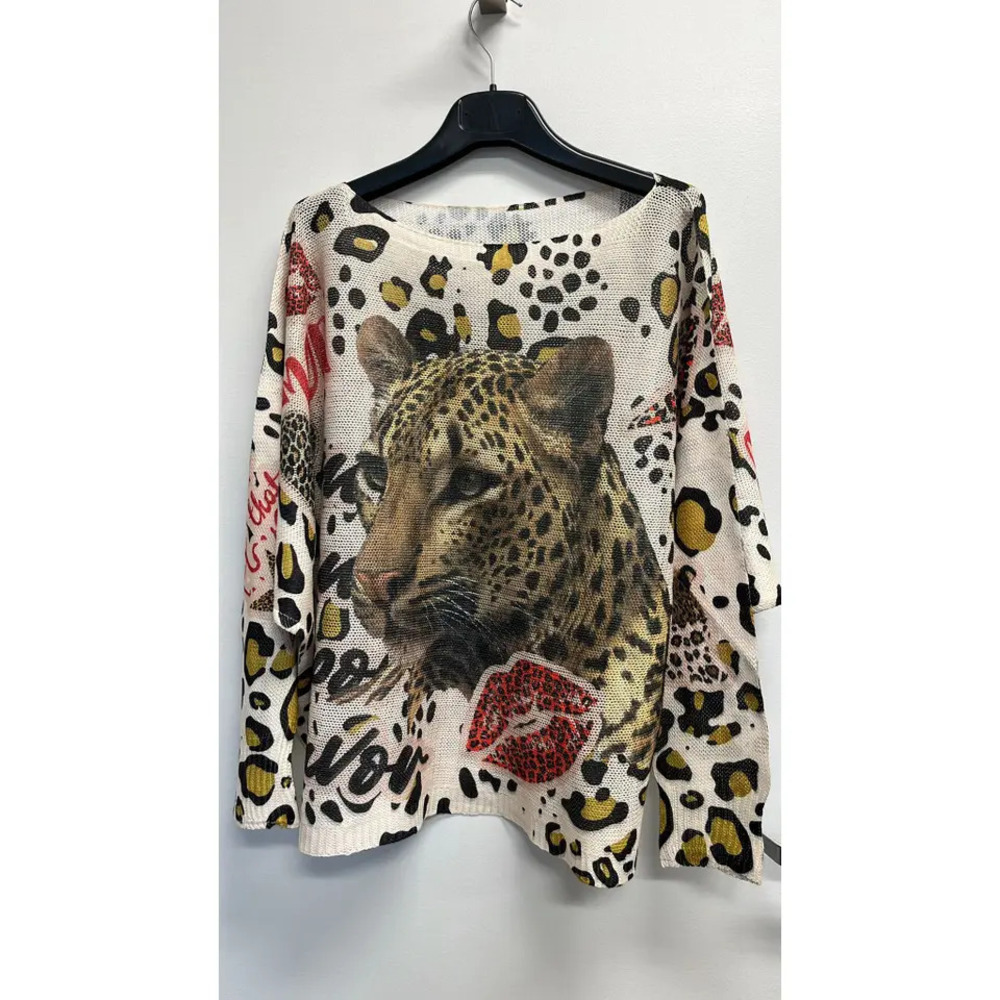 L73 Loowie Leopard Round Neck Knit Printed Sweater One Size